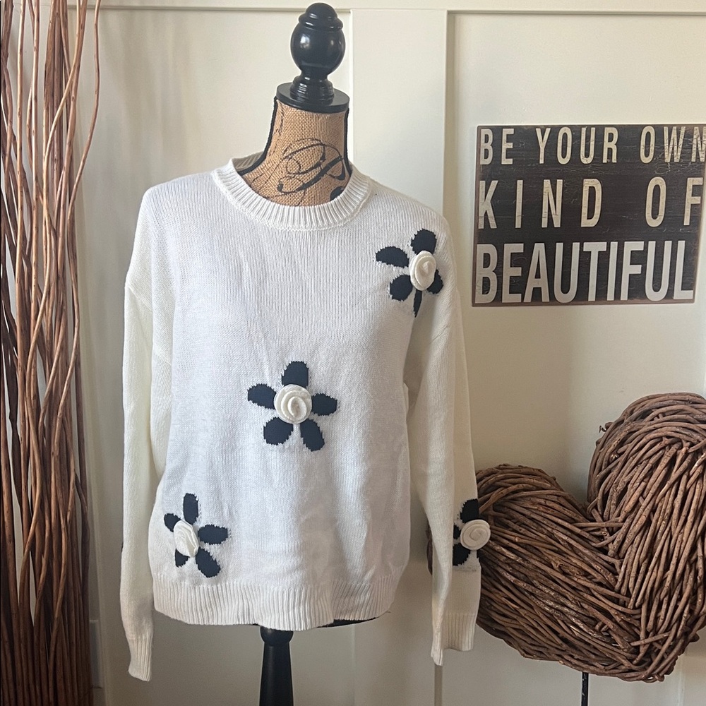 White and Black Floral Women's Sweater